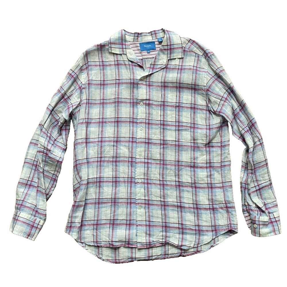Faconnable Azur Mens XL Blue Red Plaid 100% Linen Camp Collar Button Down Shirt
